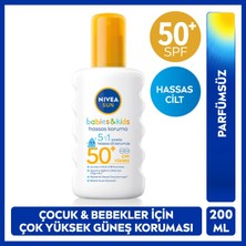 NIVEA SUN SPF50+ Çocuklar ve Bebeklere Özel Yüksek Güneş Koruyucu Sprey 200ml, Hassas Cilt, Parfümsüz