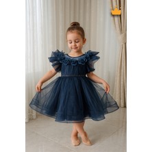 Baby Hola 2-8 Yaş Gül Yakalı Grenli Kabarık Tül Kız Bebek Çocuk Abiye Elbise Bayramlık Gelinlik Lacivert 3502