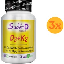 Suda Vitamin Suda-D D3+K2 60 Kapsül - 3 Adet (Toplam 180 Kapsül) - Dezenfektan Hediyeli (%72 Alkol)