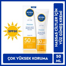 NIVEA SUN SPF50 Güneş Koruyucu Hassas Yüz Kremi 50ml, Hassas ve Alerjik Ciltlere Özel, Nemlendirici, Parfümsüz