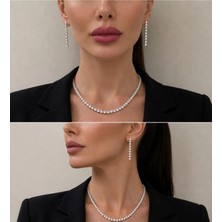 Motix Şelale Zincir Detaylı Taşlı Küpe Kolye Takımı