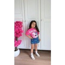Superbaby Lilo ve Stich Desenli Kız Çocuk Pembe Tişört Şortlu Denim Etek Takımı