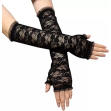 Mrs- Uzun Zarif Dantel Eldiven Parmaksız Siyah 35 cm -548484