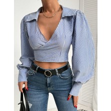 Serba Kadın Mavi Çizgili Kruvaze Crop Bluz