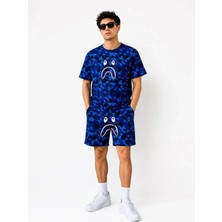 Çamaşır Kenti Erkek Oversize Kalıp Pubg Bape x Shark Nakışlı Cepli Şort Takım