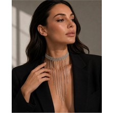 Motix Püskül Zincir Detaylı Taşlı Luxury Choker Kolye