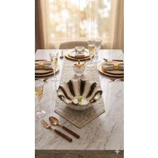 Sembol Porselen Lüks Yuvarlak Sunum Kasesi - Siyah Beyaz Çizgili Gold Detaylı Çerezlik Meyvelik 24 cm