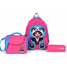 Wander Panda Temalı 3’lü Ilkokul Okul Çantası Seti Beslenme Çantalı Kalemlikli Kız Çocuk Sırt Çantası Pembe