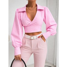 Serba Pembe Renk Kruvaze Arkadan Bağlamalı Crop Uzun Kollu Bluz