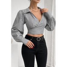 Serba Siyah Renk Kruvaze Arkadan Bağlamalı Crop Uzun Kollu Bluz