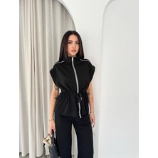 Win Moda Kadın Baggy Pantolonlu Fermuarlı Biyeli Yelek Takım (Sokak Stili)