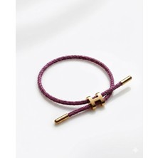 Celikchi Unisex H Model Gold Renk Çelik Detay Eflatun Ip Bileklik