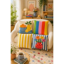 Ays Home Çiçekli Limon Desen Çizgili 4'lü Kırlent Kılıfı Seti