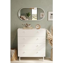 Robin Home Oval Aynalı Geniş Şifonyer 8 Çekmeceli Ahşap Ayaklı Beyaz