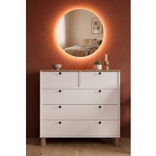 Robin Home LED Aynalı Şifonyer 5 Çekmece Ahşap Ayaklı Sepet-Beyaz
