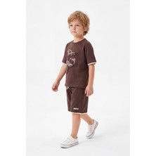 Joy Kids Erkek Çocuk Nakışlı %100 Pamuk Basic Takım (5-8yaş) (Kahverengi)
