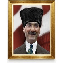 Atatürk Portresi Lüks Gold Çerçeveli Tablo - Kalpaklı Özel Renklendirme Yağlı Boya Görünümlü Kanvas