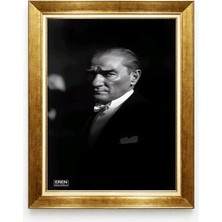 Siyah Beyaz Atatürk Tablosu Modern Karizmatik Portre Gold Çerçeveli Kanvas