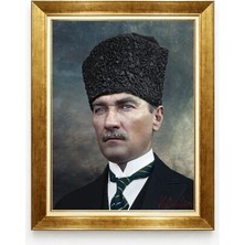 Kalpaklı Atatürk Portresi Renkli Tablo Altın Çerçeveli Milli Mücadele Temalı Dekor