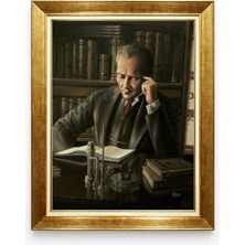 Atatürk Kitap Okurken Kanvas Tablo - Kütüphane Temalı Entelektüel Atatürk Portres