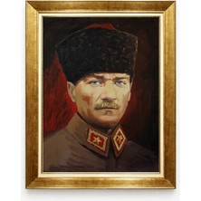 Atatürk Tablo Kalpaklı Portre Yağlı Boya Görünümlü Altın Çerçeveli Kanvas Tablo