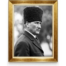 Atatürk Siyah Beyaz Nostaljik Kanvas Tablo - Altın Çerçeveli Atatürk Tablosu