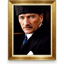 Atatürk Portresi Altın Varaklı Çerçeve Kanvas Tablo - Kalpaklı Karizmatik Bakış