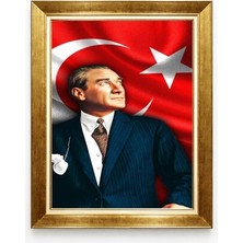 Türk Bayraklı Mustafa Kemal Atatürk Tablosu - Şanlı Al Bayrak Temalı Kanvas