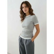 Merlot Gri Melanj Kontrast Çift Görünümlü Büzgü Detaylı T-Shirt