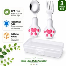 Jojobebek Pembe Premium Çocuk Bpa'sız Silikon Saplı Paslanmaz Çelik Uçlu Çatal-Kaşık/saklama Kutusu 9+Ay