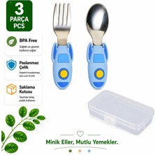 Jojobebek Roket Figürlü Çocuk Silikon Saplı Paslanmaz Çelik Uçlu Kaşık - Çatal Seti  ve Saklama Kutusu (Mavi)