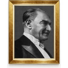 Giyense Gülen Atatürk Portre Tablo - Klasik Fraklı Atatürk Resmi - Altın Varaklı Çerçeveli Duvar Dekoru
