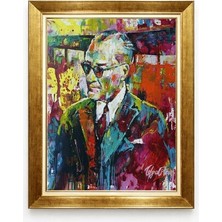 Modern Sanat Renkli Atatürk Kanvas Tablo Yağlı Boya Efektli Dekoratif Altın Çerçeveli Tablo
