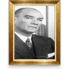 Atatürk Siyah Beyaz Nostaljik Fotoğraf Altın Çerçeveli Tablo - Klasik Atatürk Portresi