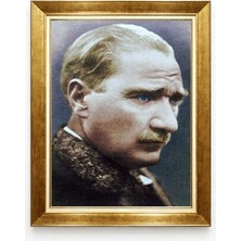 Atatürk Mavi Gözlü Portre Kanvas Tablo Lüks Altın Çerçeveli
