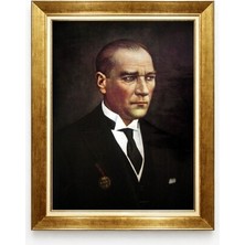 Atatürk Portresi Altın Varaklı Lüks Çerçeveli Kanvas Tablo - Yağlı Boya Dokulu
