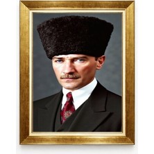 Atatürk Kalpaklı Portre Tablo Renklendirilmiş Canlı Baskı Gold Çerçeveli