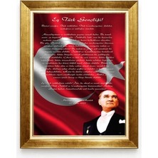 Atatürk Gençliğe Hitabe Tablo - Türk Bayrağı Temalı Altın Çerçeveli