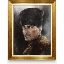Mustafa Kemal Atatürk Kalpaklı Portre Tablo - Altın Çerçeveli Yağlı Boya Efektli Kanvas Tablo