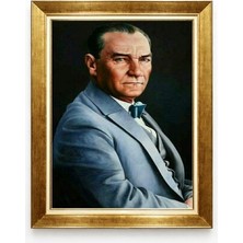 Atatürk Portresi Kanvas Tablo - Mavi Takım Elbiseli Karizmatik Atatürk Görseli - Altın Varaklı Lüks Çerçeve