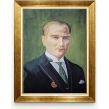 Atatürk Yeşil Fonlu Yağlı Boya Kanvas Tablo - Lüks Altın Çerçeveli Duvar Dekoru
