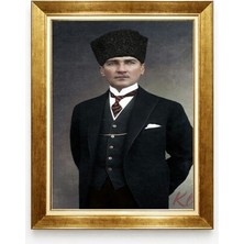 Siyah Takım Elbiseli Kalpaklı Atatürk Tablosu - Lüks Altın Çerçeveli Atatürk Duvar Sanatı