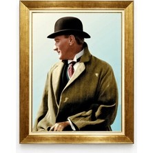 Atatürk Fötr Şapkalı Şık Portre Altın Çerçeveli Tablo - Modern Atatürk Görseli