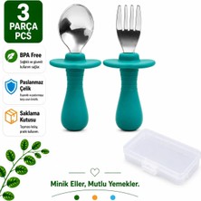Yeşil Renk Figürlü Premium Çocuk Bpa Free Silikon Sap Paslanmaz Çelik Uçlu Çatal-Kaşık Set 9+ Ay