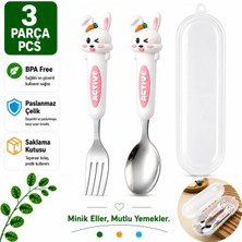 Jojobebek Beyaz Renk Tavşan Figürlü Premium Çocuk Bpa Free Paslanmaz Çelik Uçlu Çatal-Kaşık Set 24+ Ay