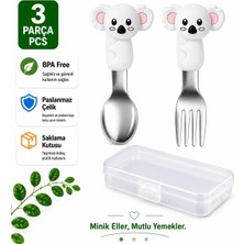 Jojobebek Figürlü Açık Gri Premium Çocuk Bpa Free Silikon Saplı Paslanmaz Çelik Uçlu Çatal-Kaşık, (9+ Ay)