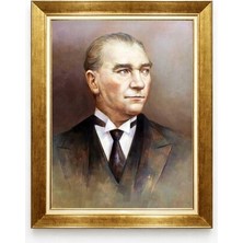 Klasik Yağlı Boya Efektli Atatürk Portresi - Şık Lamine Gold Çerçeve Duvar Dekorasyonu