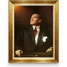 Atatürk Portresi Kanvas Tablo Altın Rengi Çerçeveli Dikey Modern Dekoratif Tablo
