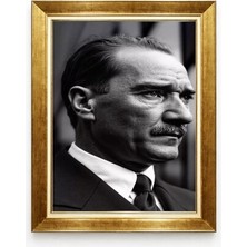 Atatürk Portresi Altın Varaklı Çerçeveli Tablo Siyah Beyaz Karizmatik Poz