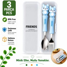 Mavi Renk Kedi Figürlü Premium Çocuk Bpa Free Paslanmaz Çelik Uçlu Çatal-Kaşık Set 24+ Ay
